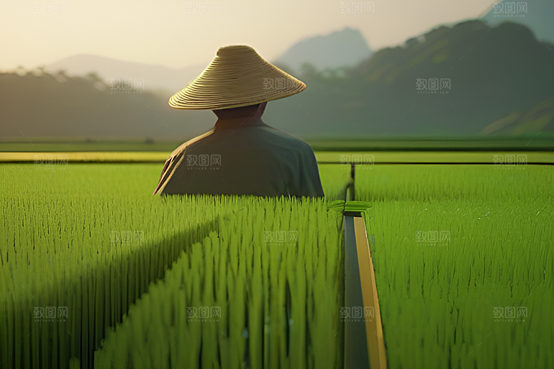 翠绿稻田中的劳作者