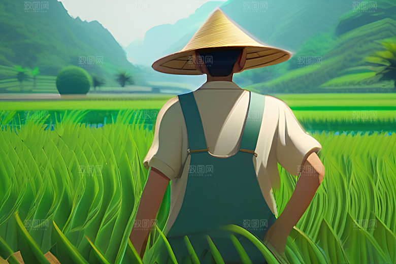 翠绿稻田中的劳作者