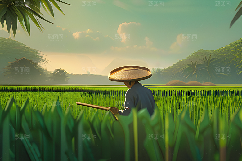 碧波草海中的农田劳动