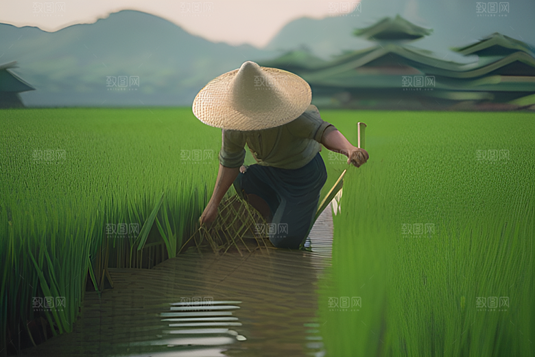 碧波草海中的农田劳动