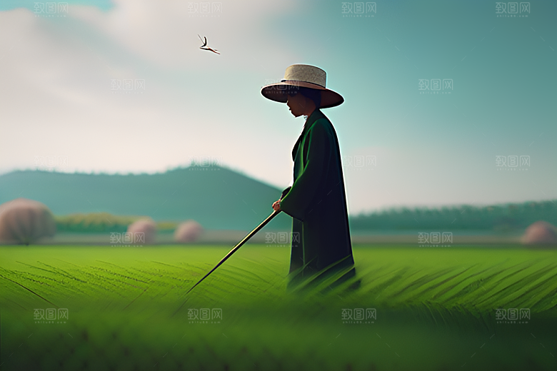 碧波草海中的农田劳动