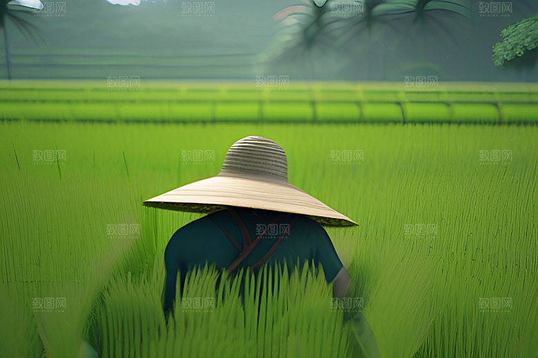 青翠稻田中的勤劳农夫