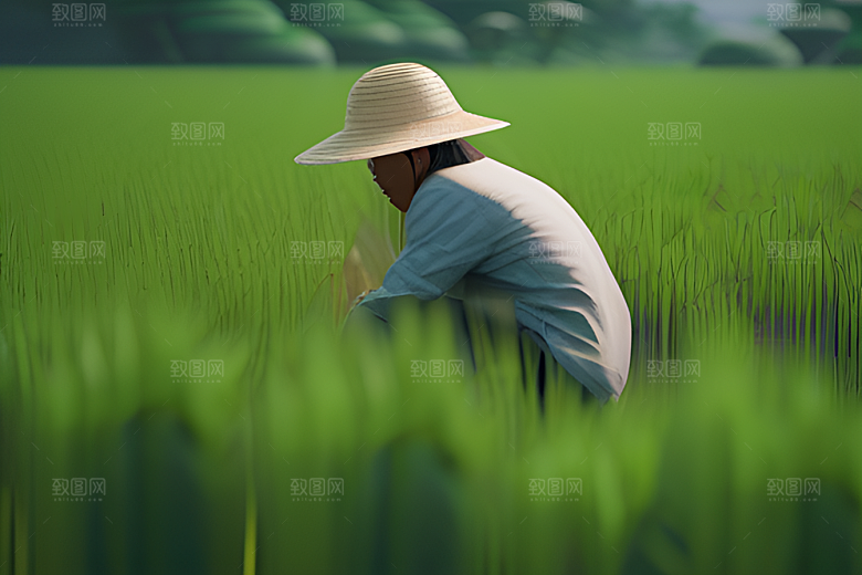 青翠稻田中的勤劳农夫
