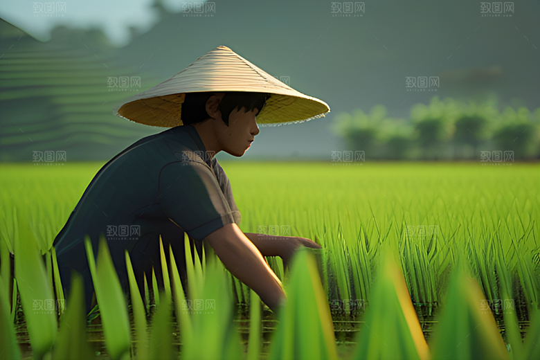 青翠稻田中的勤劳农夫