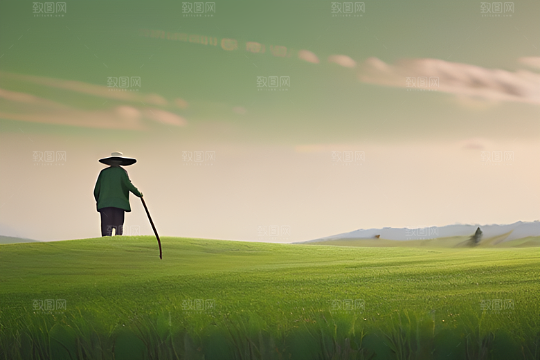 青翠稻田中的勤劳农夫