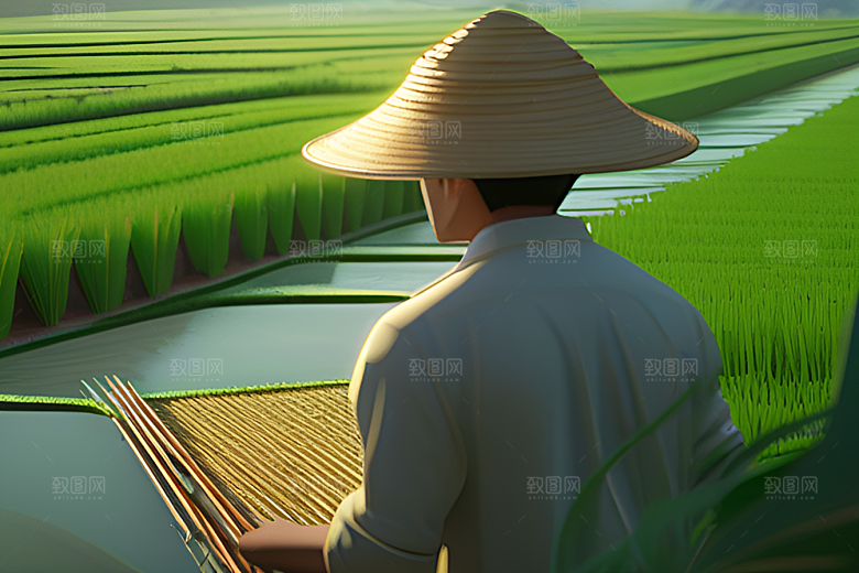 青翠稻田中的勤劳农夫