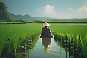 青青稻苗下的农人