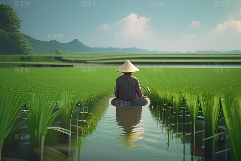 青青稻苗下的农人