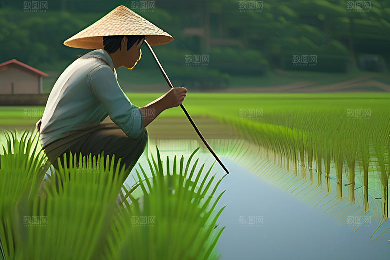 青青稻苗下的农人