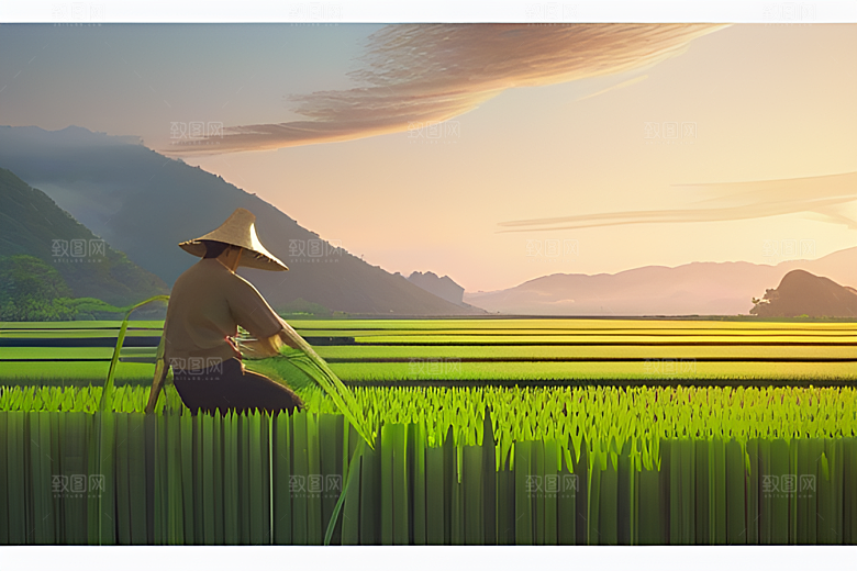 青青稻苗下的农人