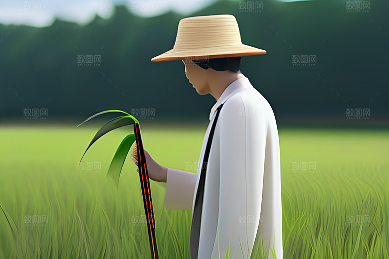 青青稻苗下的农人