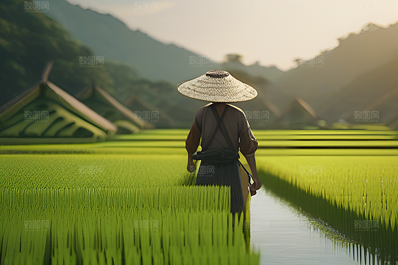 青草帽下的农田劳作