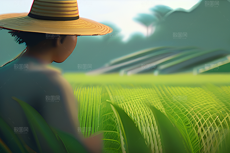 青草帽下的农田劳作