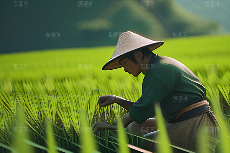 青草帽下的农田劳作