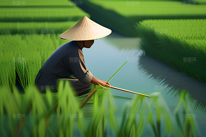 青草帽下的农田劳作