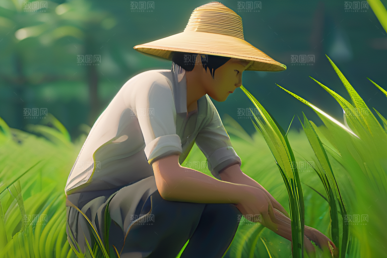 青草帽下的农田劳作