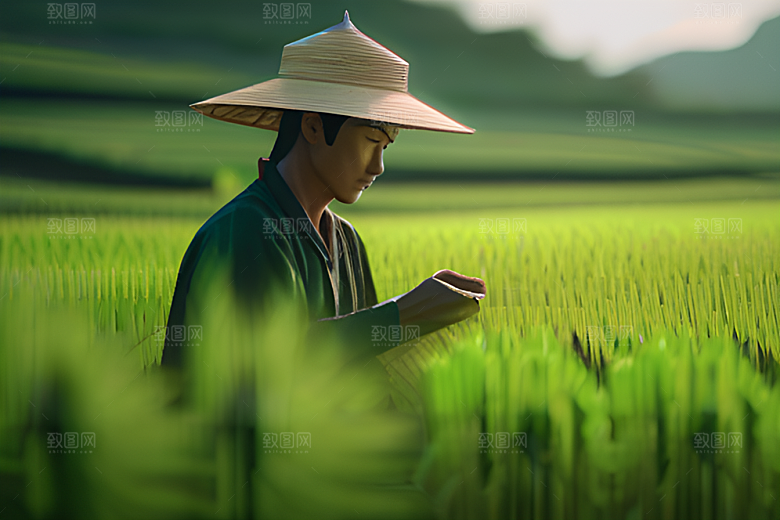 青草帽下的农田劳作