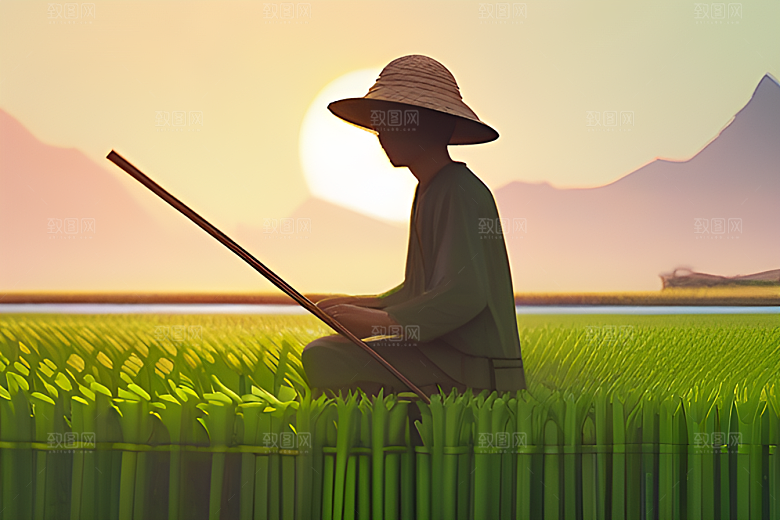 青草帽下的农田劳作