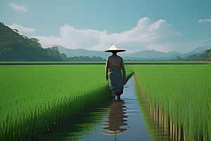 青草帽下的农田劳作