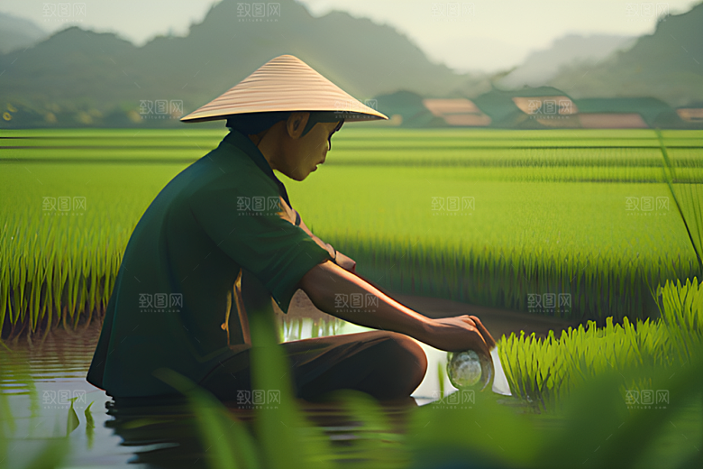 碧绿稻田中的农夫