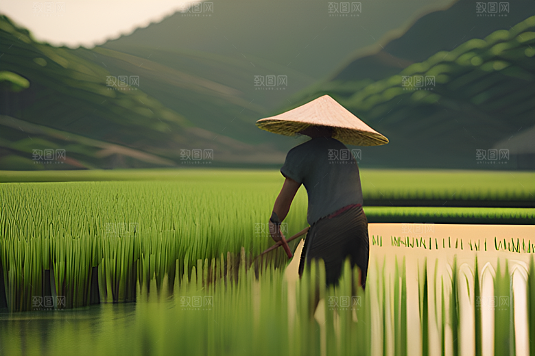 碧绿稻田中的农夫