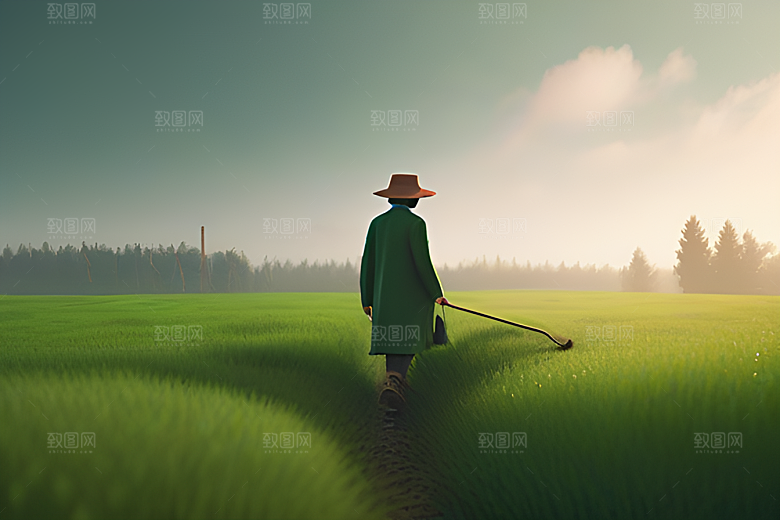 碧绿稻田中的农夫