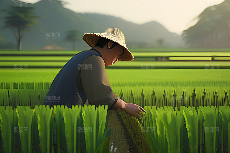 碧绿稻田中的农夫