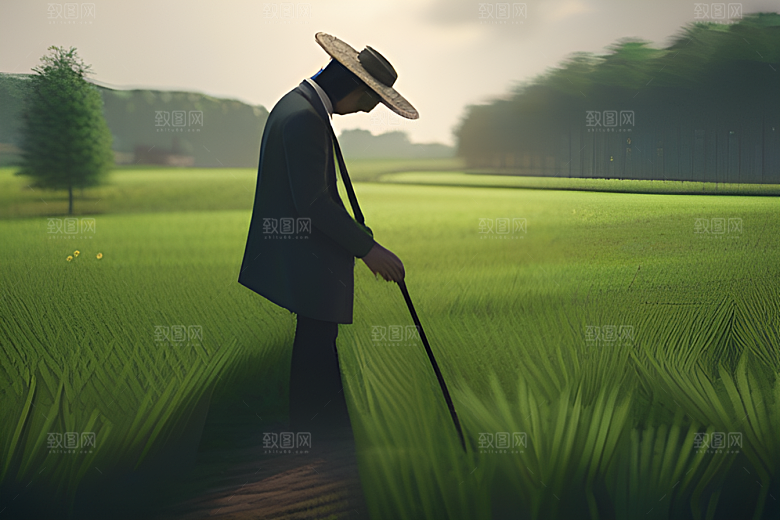 碧绿稻田中的农夫