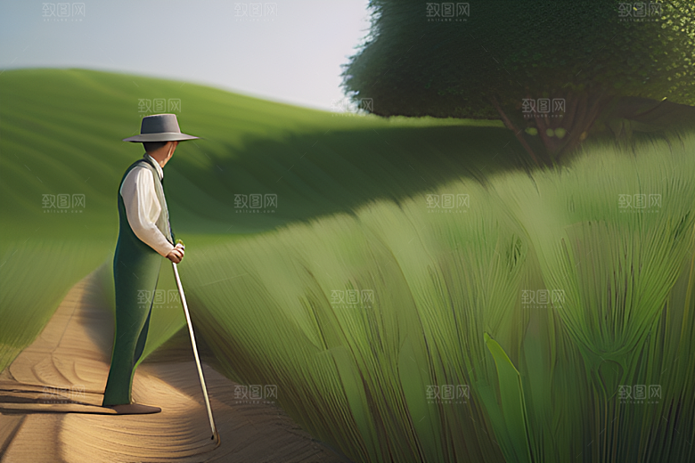 碧绿稻田中的农夫