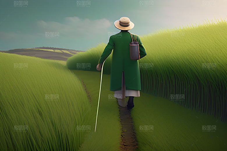 碧绿稻田中的农夫