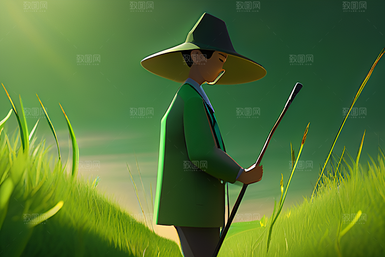 碧绿稻田中的农夫