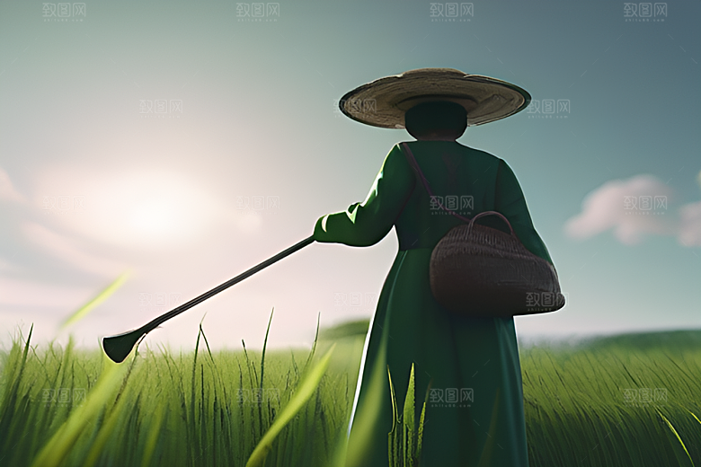碧绿稻田中的农夫