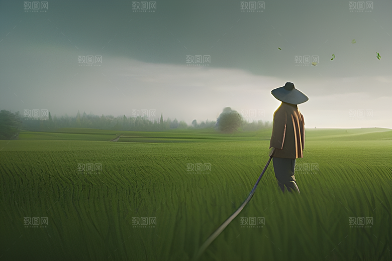 碧绿稻田中的农夫