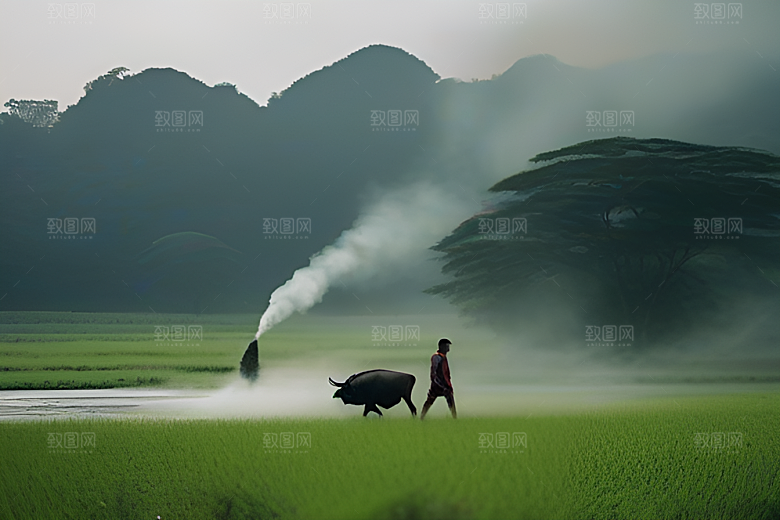 美丽的绿草田野中的男人和水牛