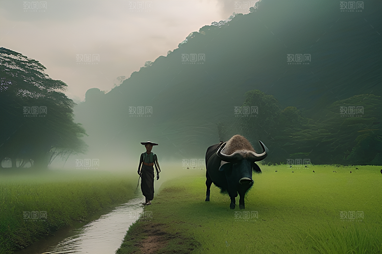 男人与水牛穿越绿草田野