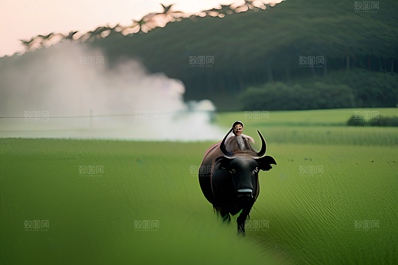 农民和水牛一起喷水