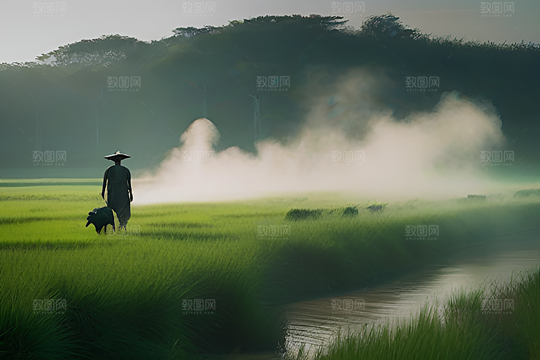水牛在农田中的喷水任务