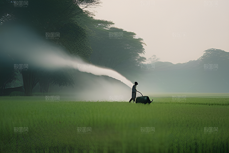农民和水牛一起喷水