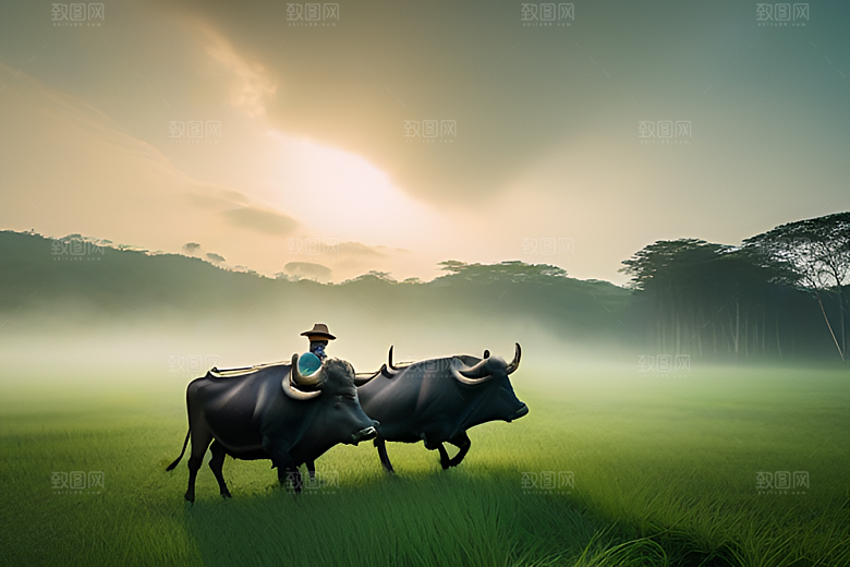 水牛在农田中的喷水任务