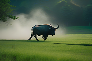 水牛在农田中的喷水任务