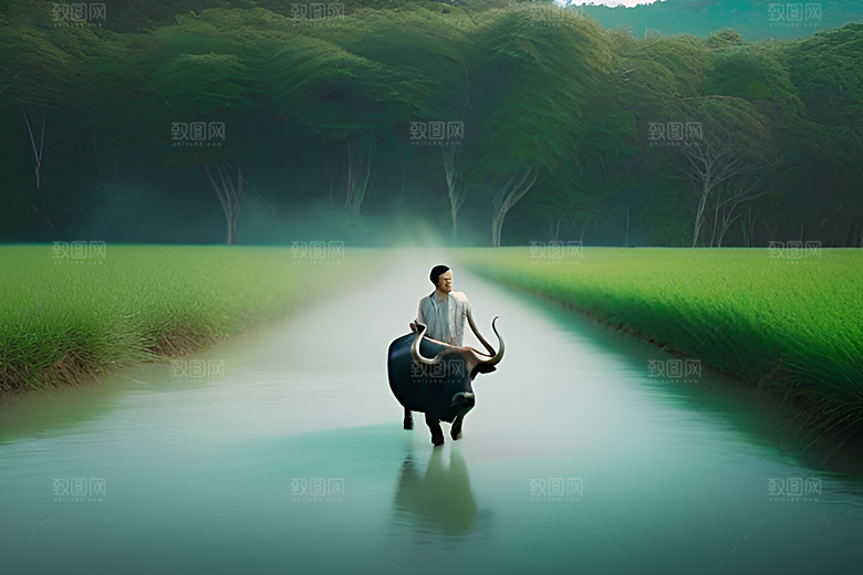 农民使用水牛帮助喷水