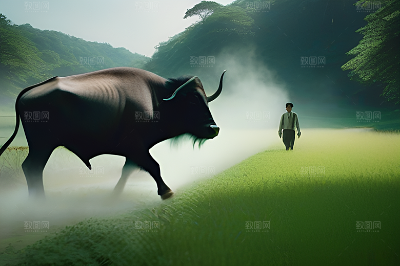 农民利用水牛喷水