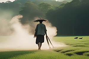 农民利用水牛喷水