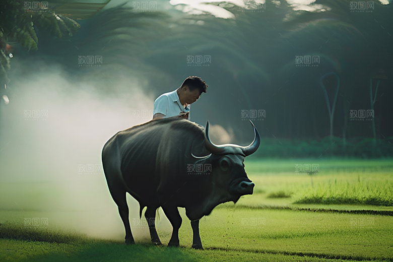 农民使用水牛帮助喷水