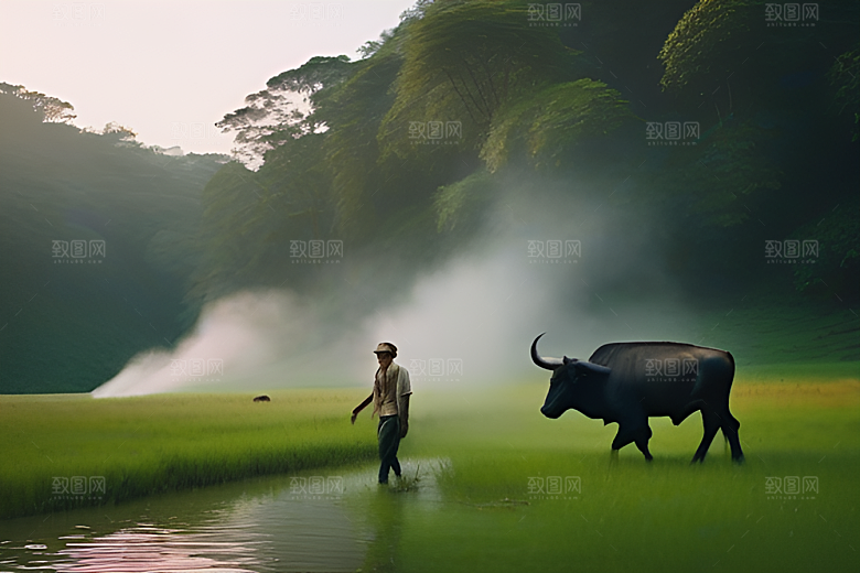 水牛背上的喷水装置