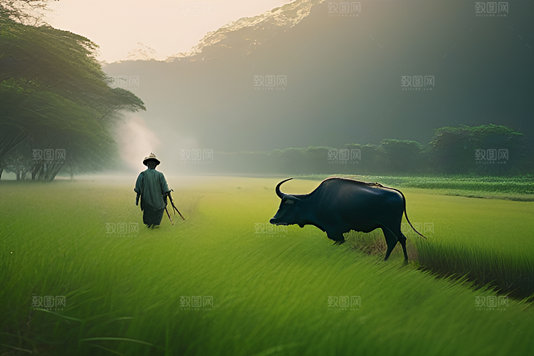 农民利用水牛喷水