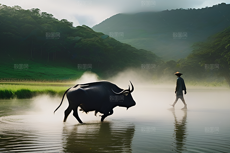 水牛背上的喷水装置