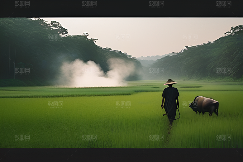 田野中的水牛喷水场景