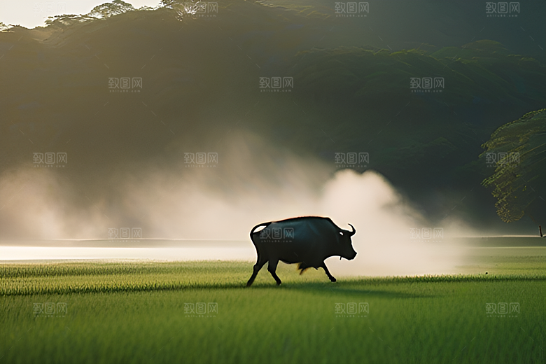 田野中的水牛喷水场景