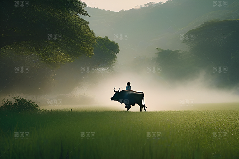 田野中的水牛喷水场景